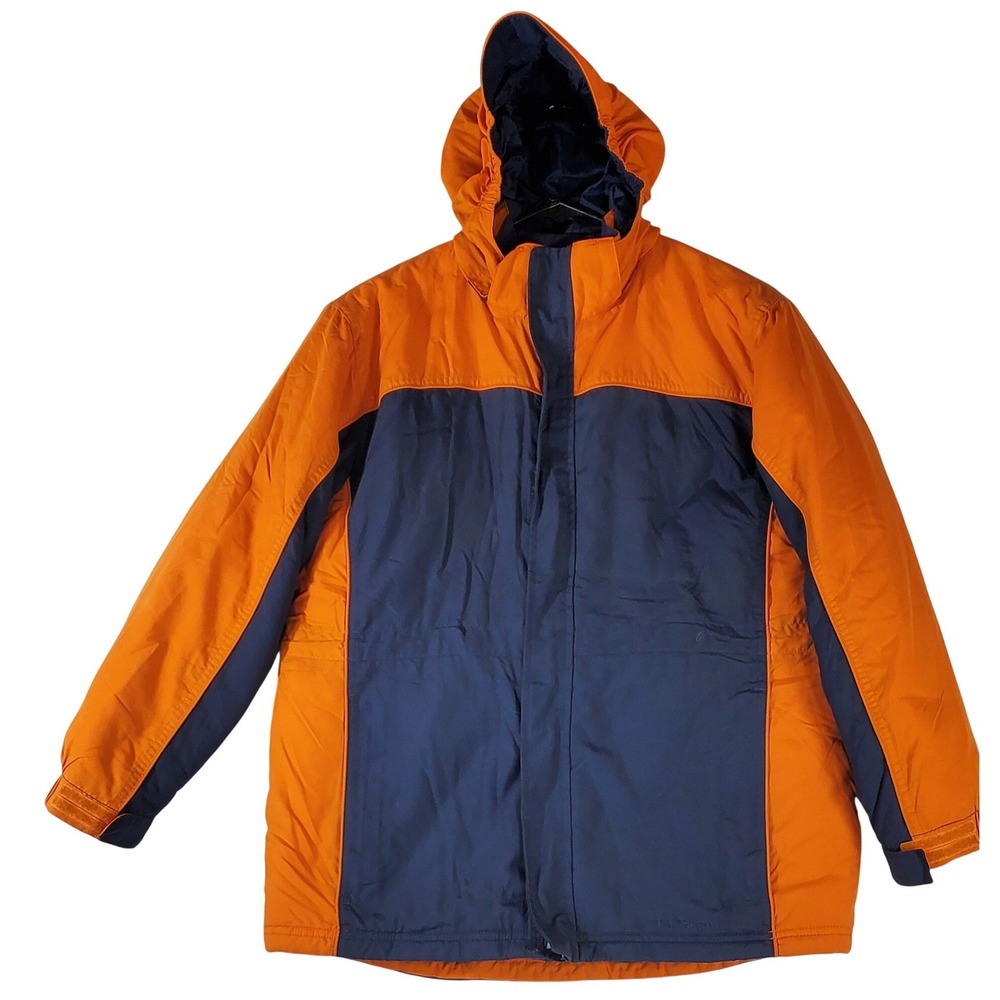 LL Bean Kids Large 14-16 Winter Parka Jacket Orange Navy Blue Hooded Insulated